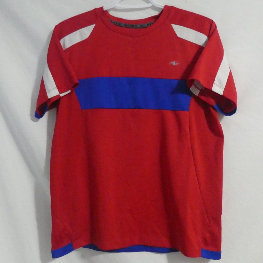 ATHLETIC WORKS | large, 14 | Red Exercise T-Shirt | Mesh Sides | White Stripes
